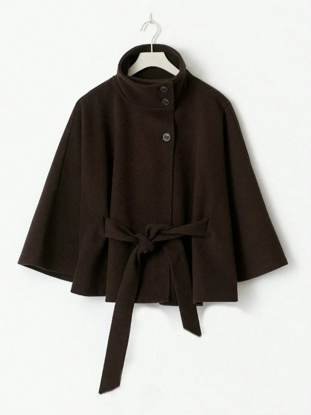 Coffee Brown Casual Women's Elegant Hooded Poncho Overcoat With Belt
